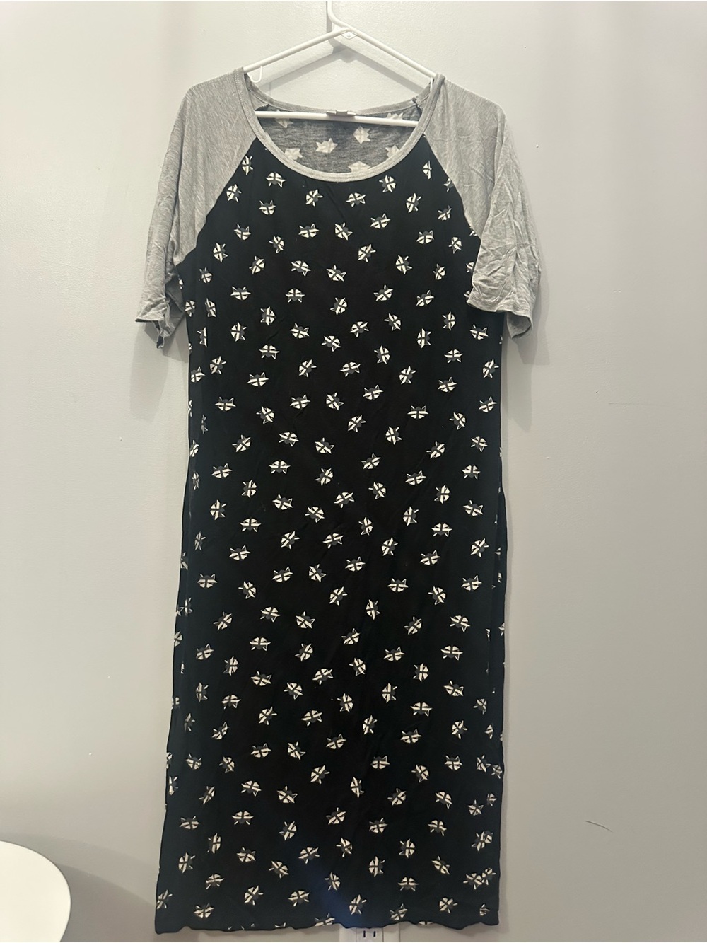 LuLaRoe Black Midi Dress with Gray Raglan Sleeves and Raccoon Print